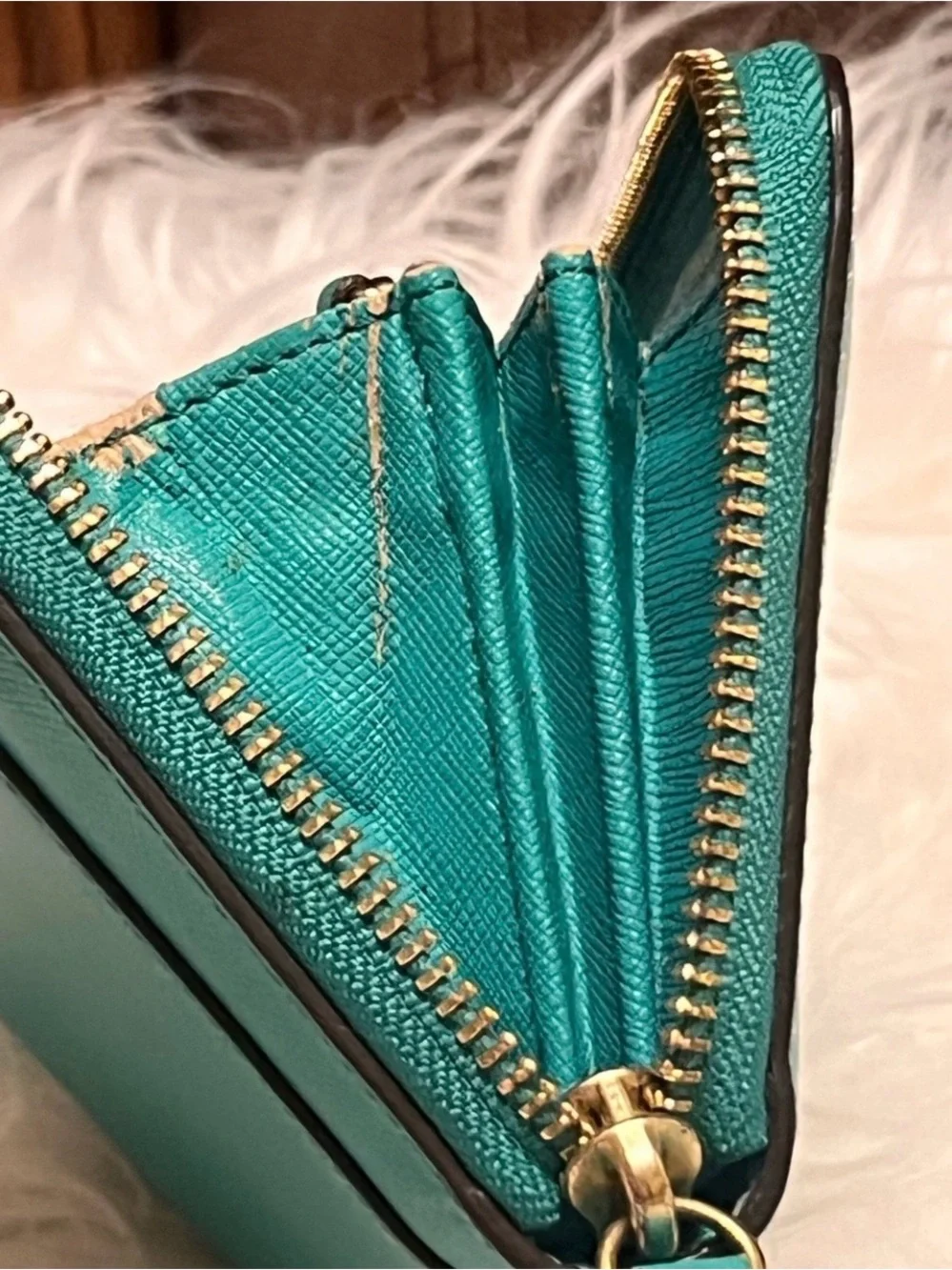 COACH Teal Zip-Around Leather Wallet with Gold Logo